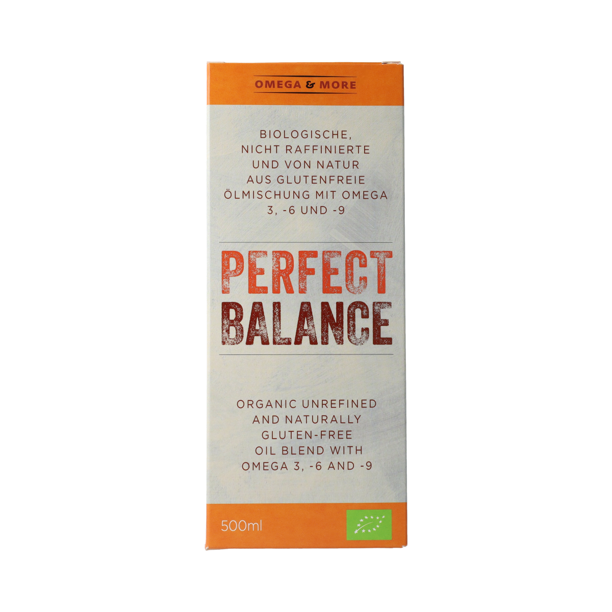 Bottle of Omega & More Perfect Balance Bio oil with 500ml, featuring natural omega and healthy fats in a clear glass container.