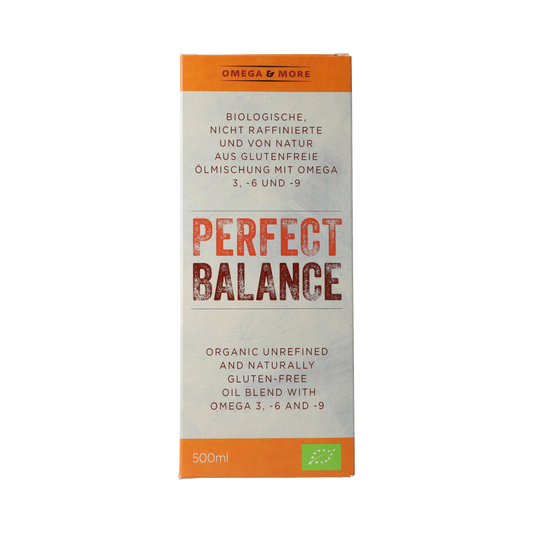 Bottle of Omega & More Perfect Balance Bio oil with 500ml, featuring natural omega and healthy fats in a clear glass container.