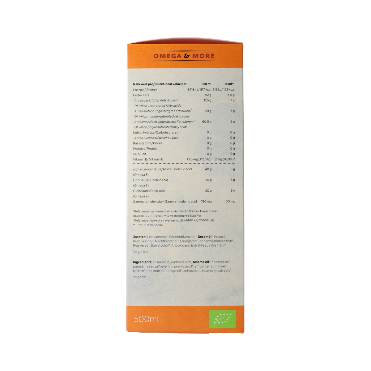 Bottle of Omega & More Perfect Balance Bio oil, 500ml, featuring a clear container with a golden-colored oil inside.