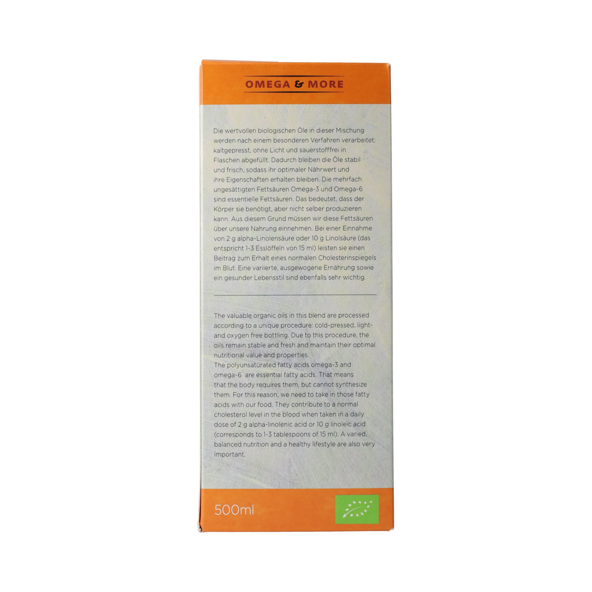 Omega & More Perfect Balance Bio oil bottle, 500ml, with label and cap, showcasing a clear glass container with golden oil.