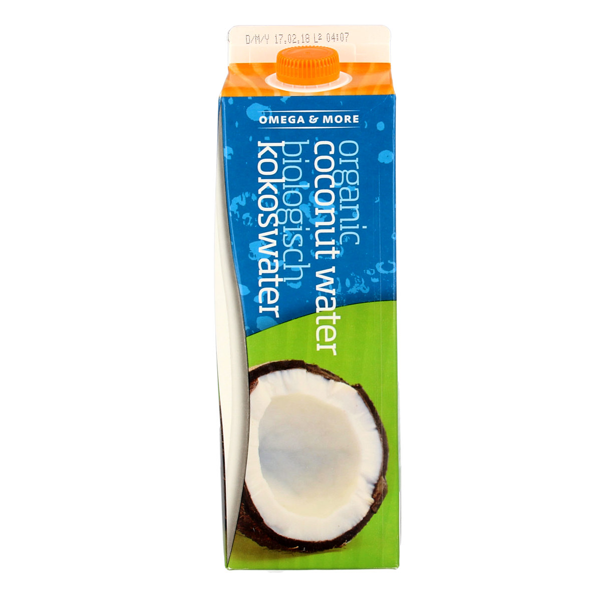 Omega & More Kokoswater bio in a 1-liter bottle, fresh natural coconut water in a clear bottle, side view.