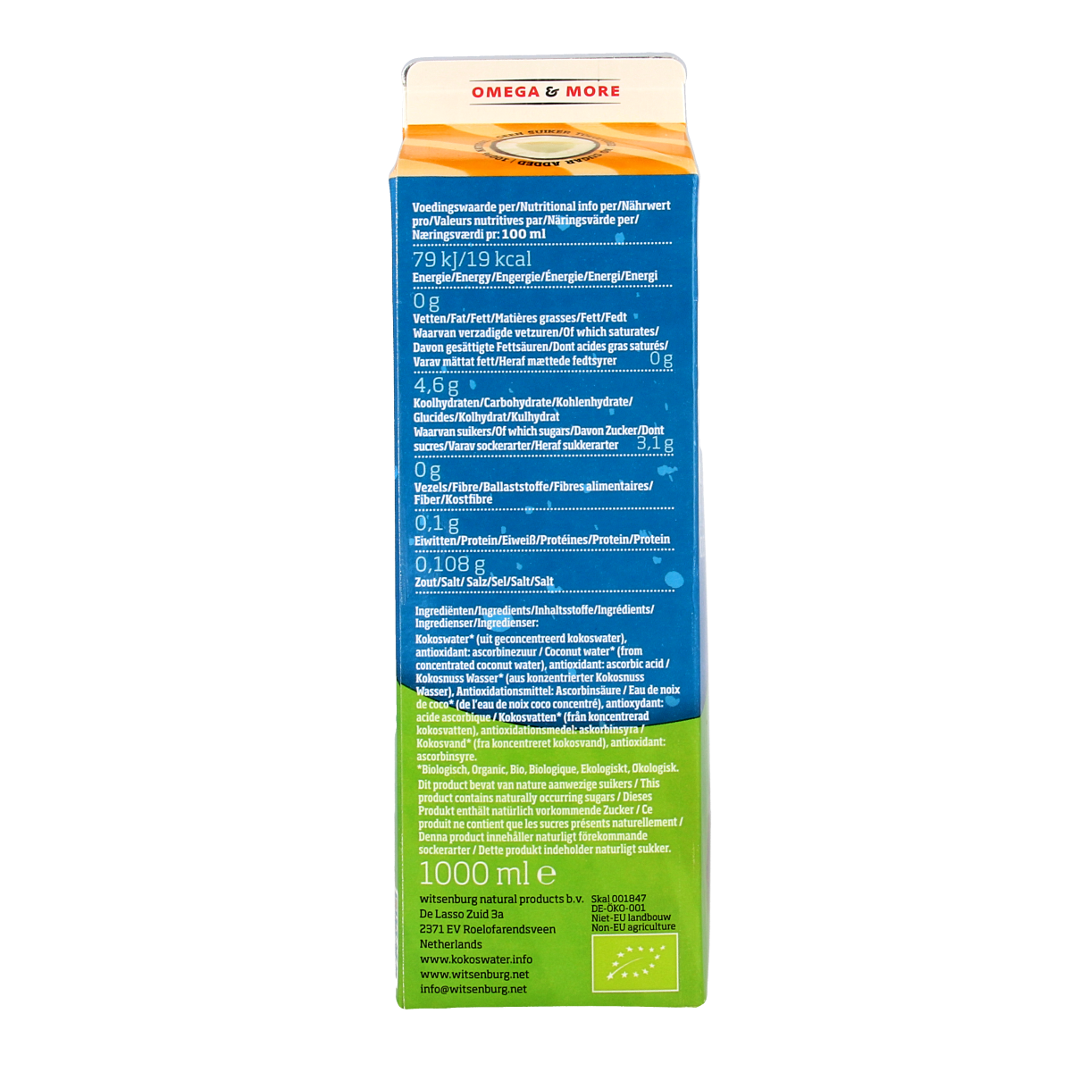 Omega & More Kokoswater bio in a 1-liter bottle, natural coconut water from the drink and juice category.