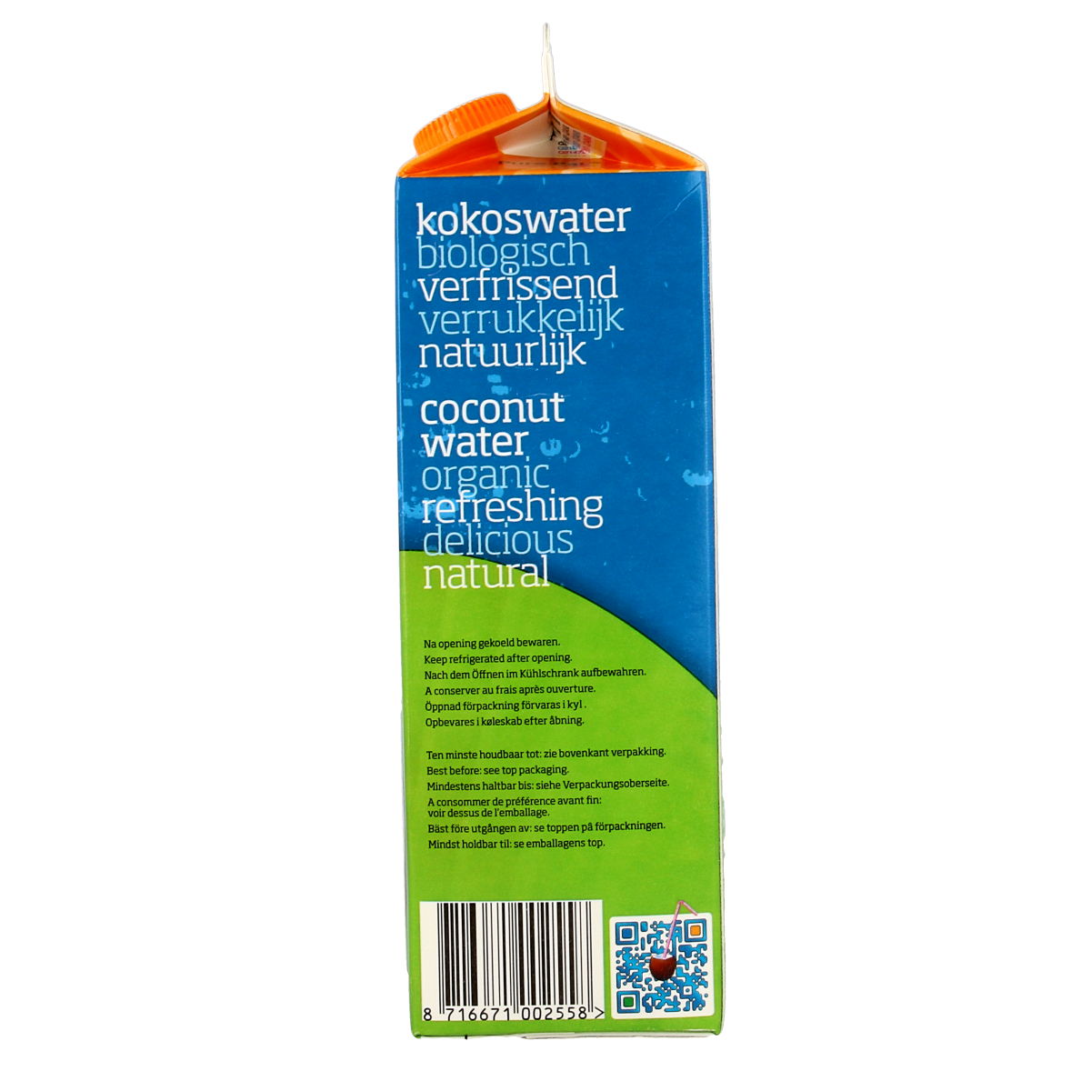 Omega & More Kokoswater bio 1L in a clear bottle, fresh coconut water with natural ingredients, ready to drink.