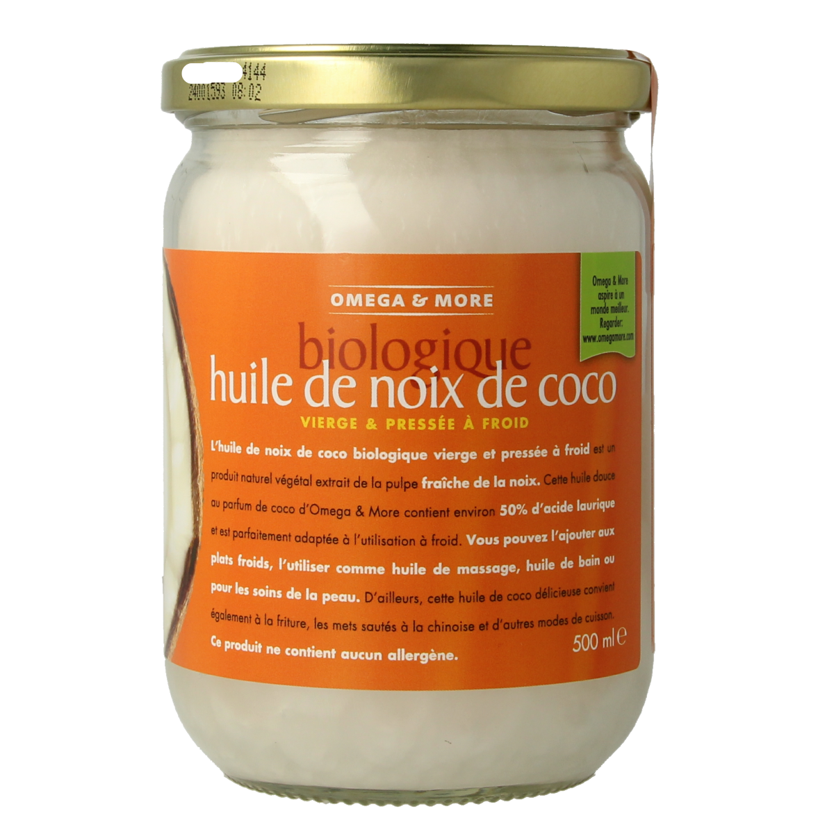 Omega & More bio extra virgin coconut oil in a 500ml pot, natural and unrefined, in a clear container with a white lid