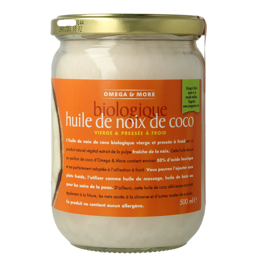 Omega & More bio extra virgin coconut oil in a 500ml pot, natural and unrefined, in a clear container with a white lid