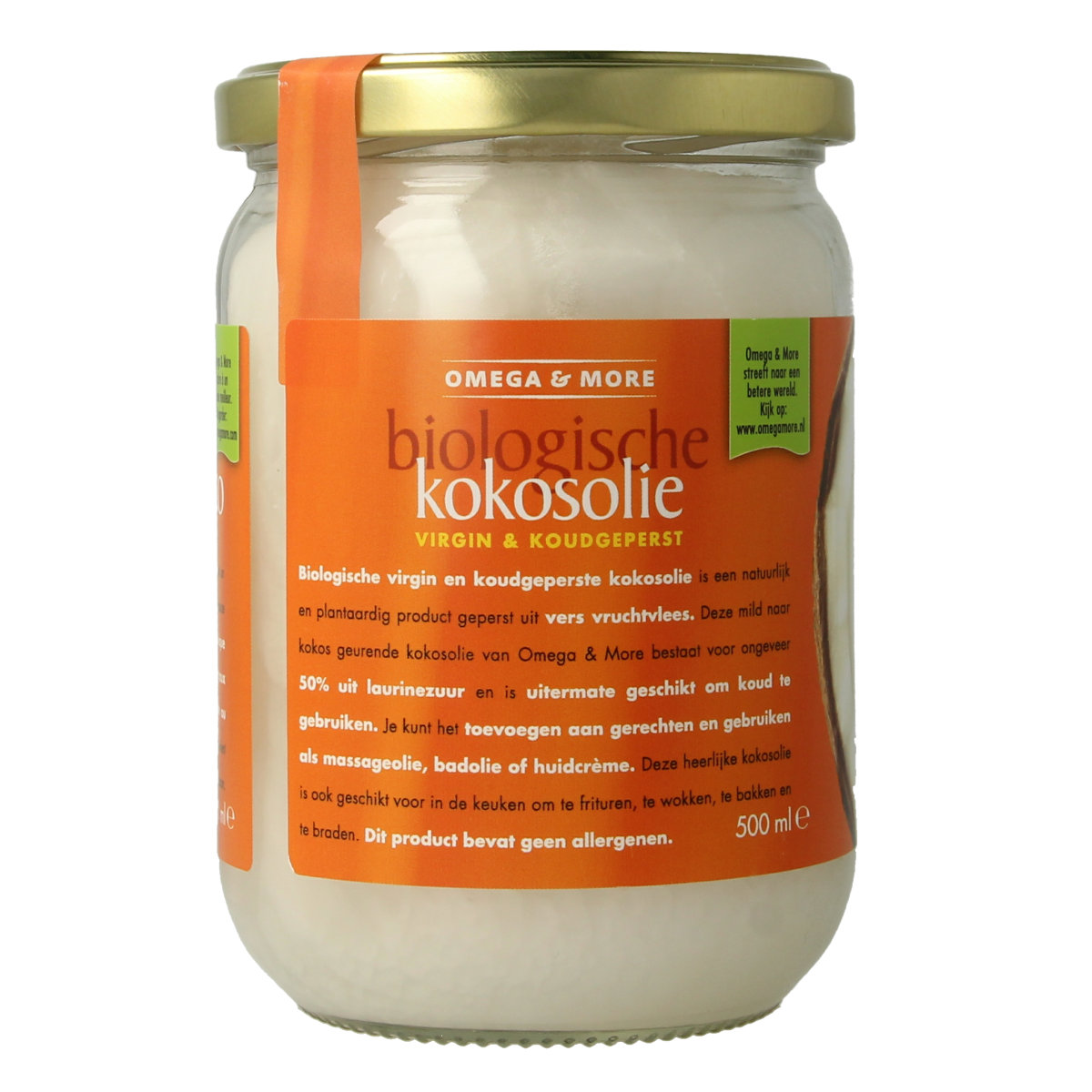 Omega & More extra virgin organic coconut oil in a 500ml pot, showing the label and coconut oil inside