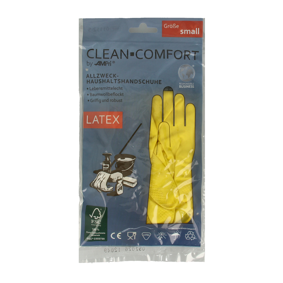 Yellow CLEAN-COMFORT household gloves in size S, pair of durable rubber gloves for cleaning tasks.