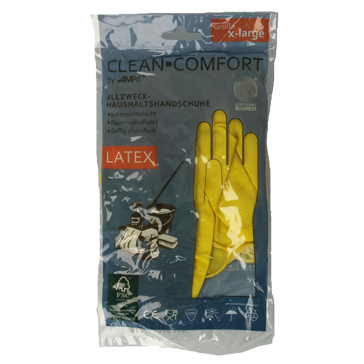 Yellow CLEAN-COMFORT household gloves in XL size, pair of durable rubber gloves for cleaning tasks.