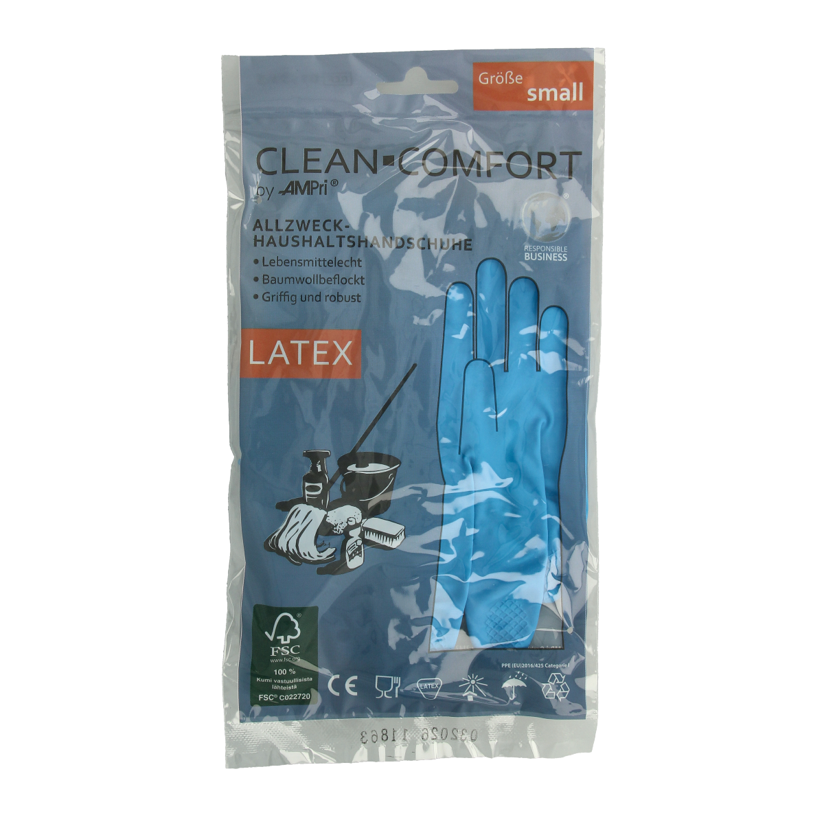 Blue CLEAN-COMFORT household gloves in size S, pair of durable rubber gloves for cleaning tasks.