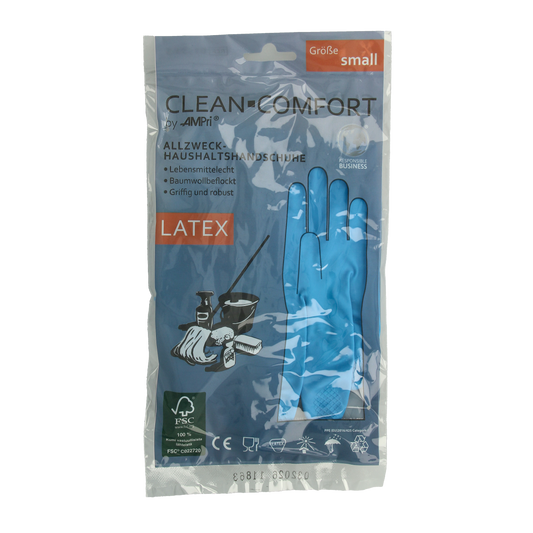 Blue CLEAN-COMFORT household gloves in size S, pair of durable rubber gloves for cleaning tasks.