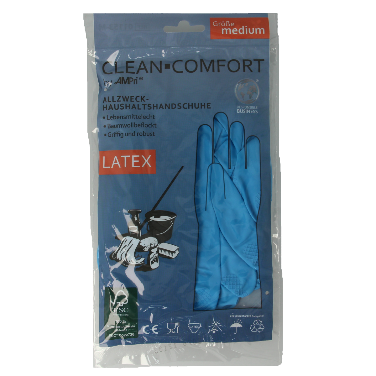 Blue CLEAN-COMFORT household gloves in size M, pair of durable rubber gloves for cleaning tasks.