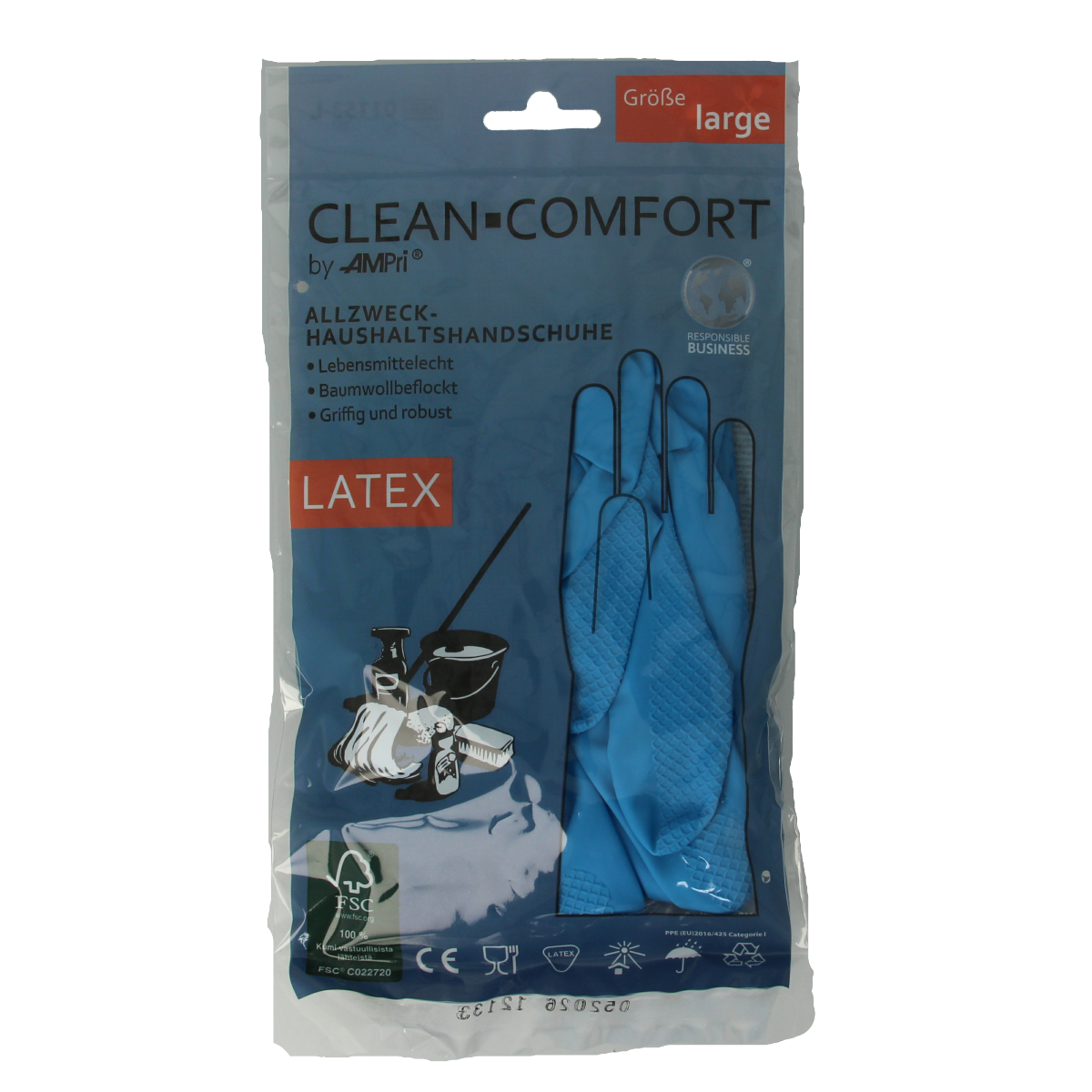 Blue CLEAN-COMFORT household gloves size L, pair, durable rubber cleaning gloves for household chores.