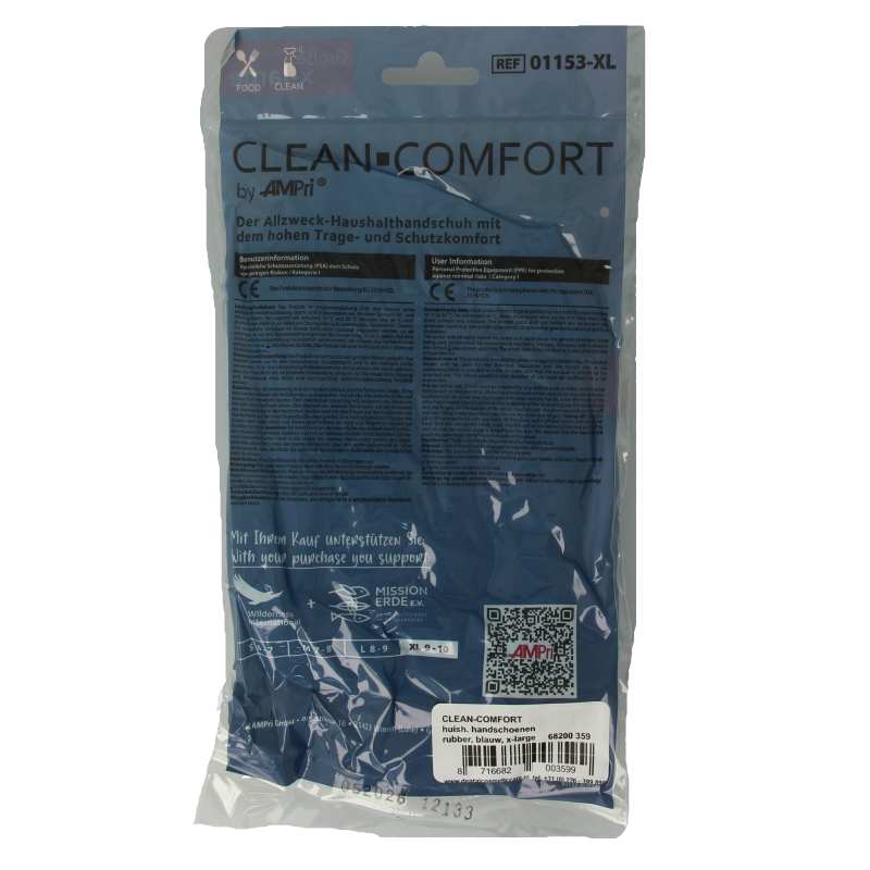 Blue CLEAN-COMFORT household gloves in XL size, showing a pair of durable rubber gloves for cleaning tasks.