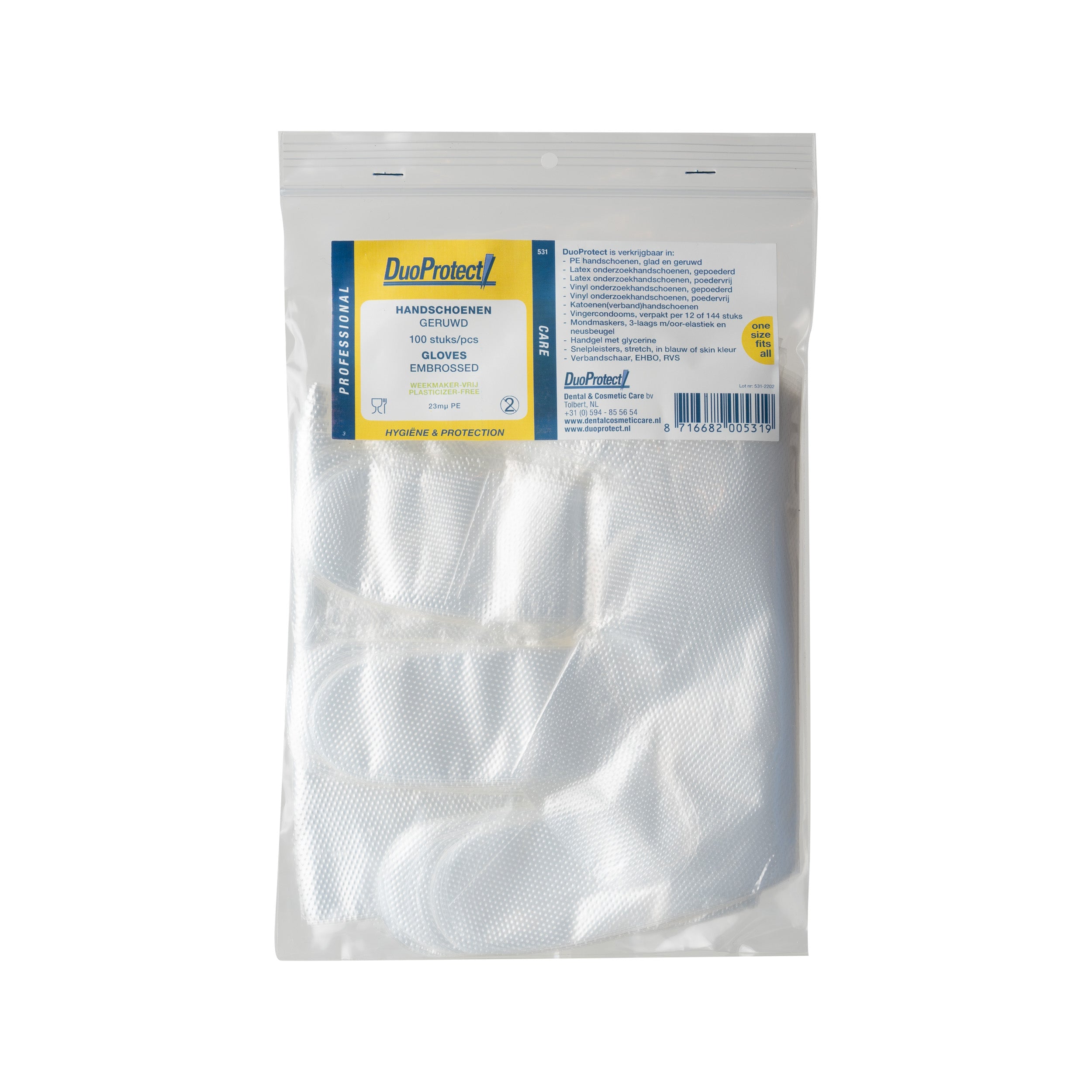 Transparent Duoprotect disposable household gloves, rough textured, 100-piece pack, suitable for cleaning and household tasks.