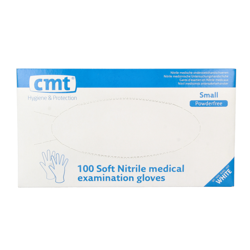 CMT nitriel medische onderzoekshandschoenen in wit, poedervrij maat S, 100 stuks, geschikt voor medische en beschermende toepassingen.