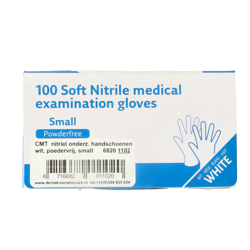 Pair of white CMT nitrile medical examination gloves in size S, powder-free, shown in a box with 100 gloves.