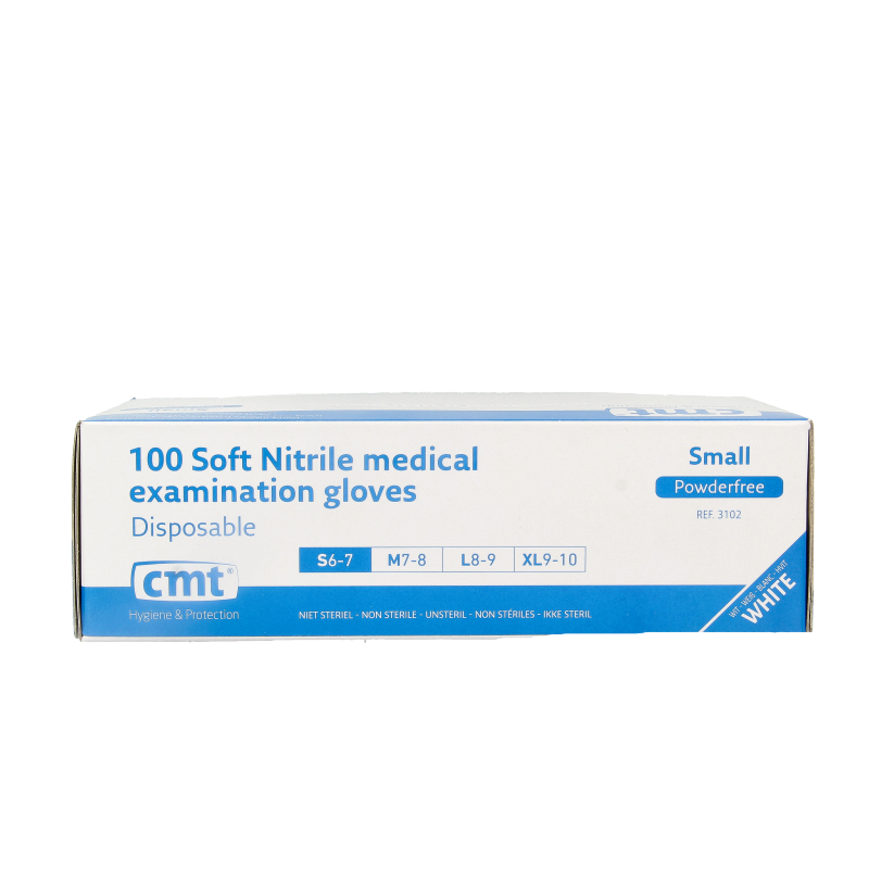 Pair of white CMT nitrile disposable examination gloves in size S, 100-piece box, suitable for medical and protective use.
