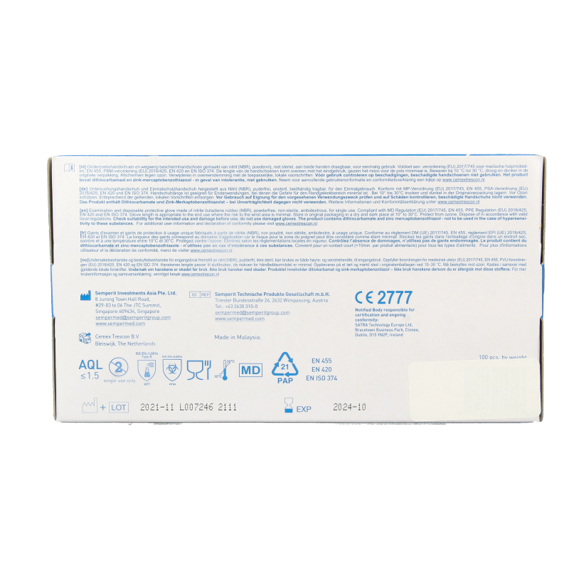 Pair of white CMT nitrile examination gloves in size S, powder-free, 100-pack, suitable for medical and protective use.