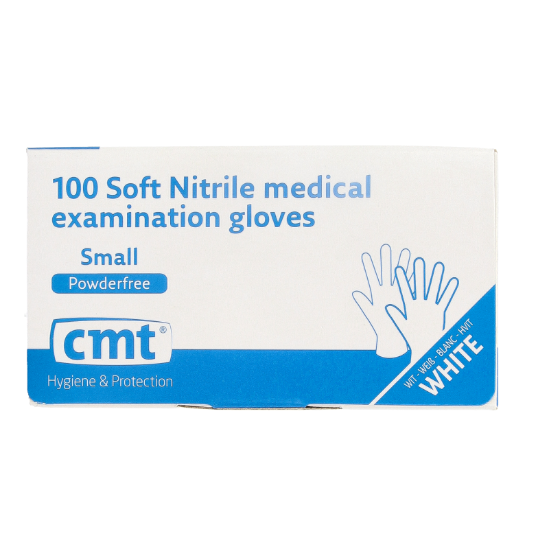 Pair of CMT white nitrile examination gloves in size S, powder-free medical gloves, 100 pieces, protective medical handwear