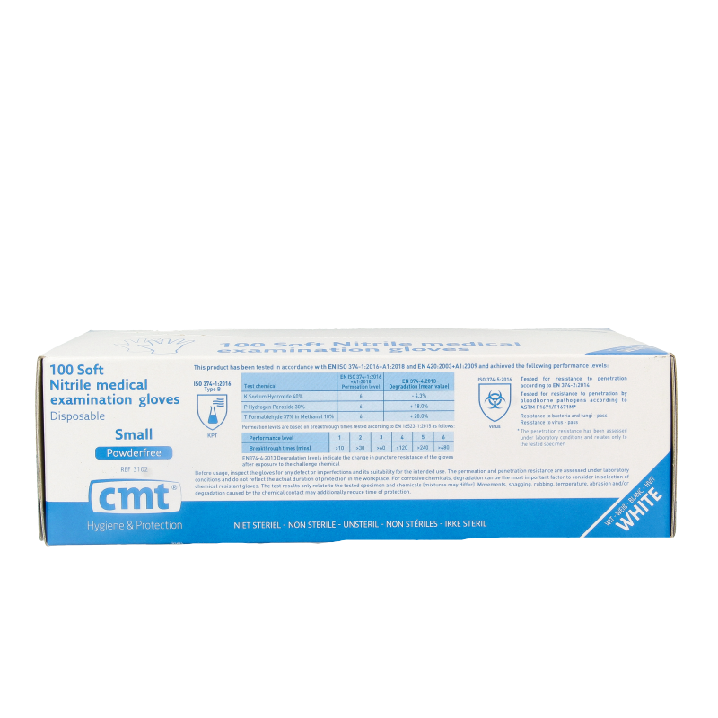 Pair of white CMT nitrile examination gloves in size S, powder-free, shown in a pack of 100 medical protective gloves.