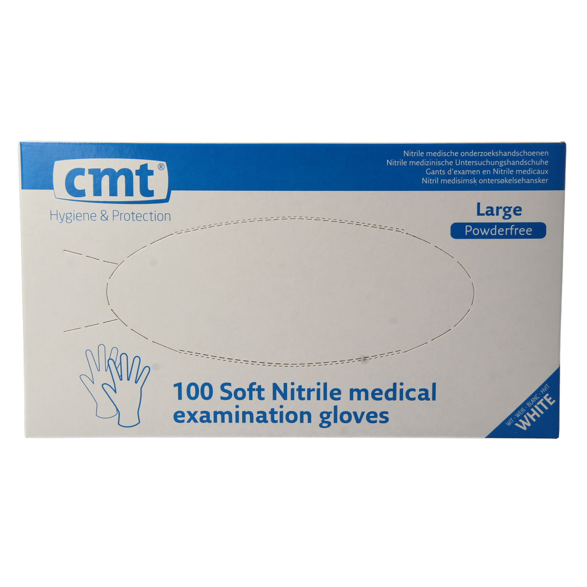 Pair of white CMT nitrile examination gloves, powder-free medical protective gloves in size L, shown in a close-up image.