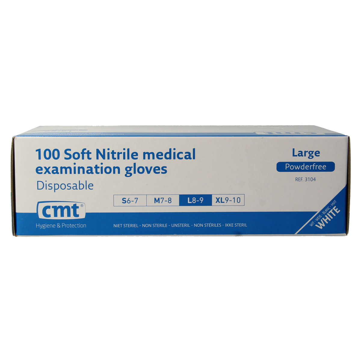 CMT nitrile examination gloves in size L, powder-free, white medical protective gloves, 100 pieces in the image.