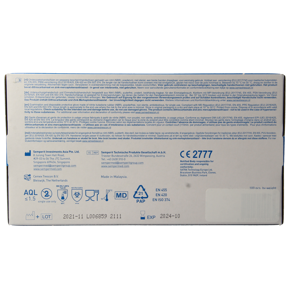 Pair of white nitrile medical examination gloves by CMT in size L, powder-free, shown in a high-resolution image.