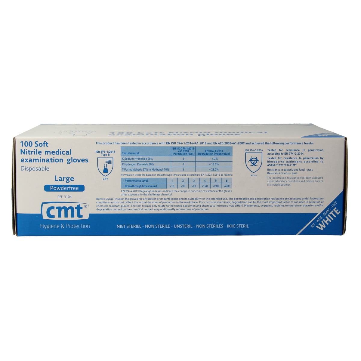 CMT nitrile examination gloves in size L, powder-free, white medical protective gloves shown in a pack of 100.