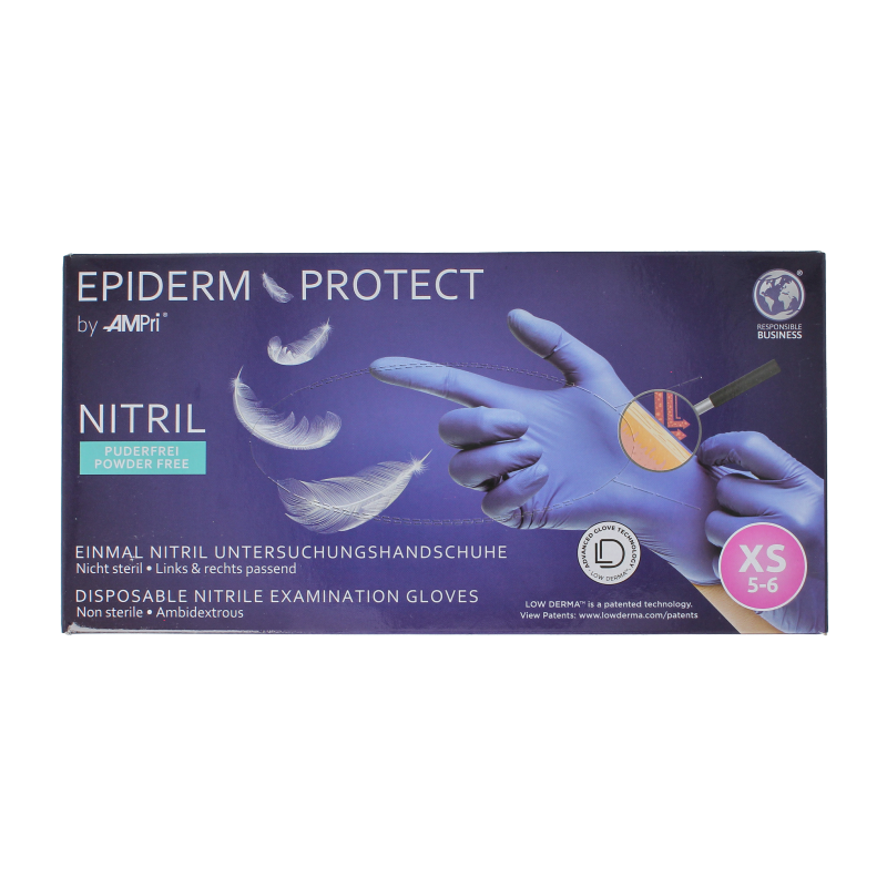 Blue Epiderm Protect Nitriel powder-free medical gloves in size XS, shown in a pack of 100, used for protective healthcare.