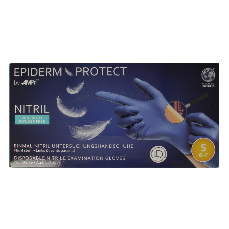 Blue Epiderm Protect Nitriel medical examination gloves, powder-free, size small, 100-pack, protective medical gloves.