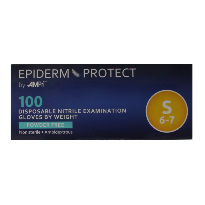 Blue Epiderm Protect Nitriel disposable powder-free medical gloves, size small, 100-pack, designed for protective hand coverage.