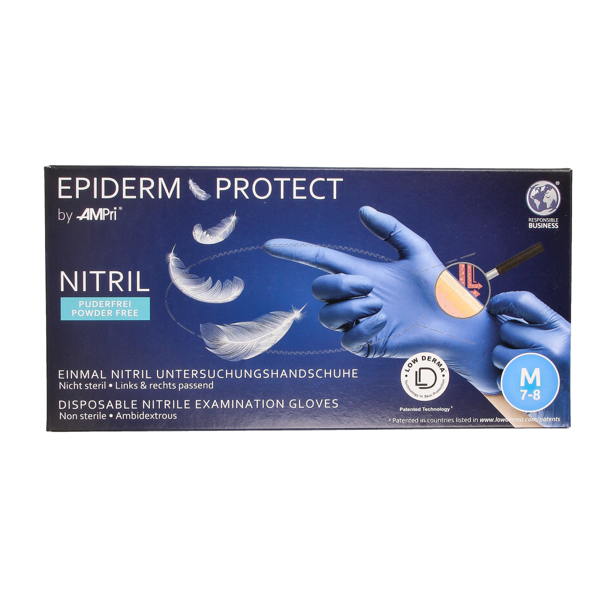 Blue Epiderm Protect Nitriel disposable examination gloves in medium size, 100-piece pack, powder-free medical protective gloves