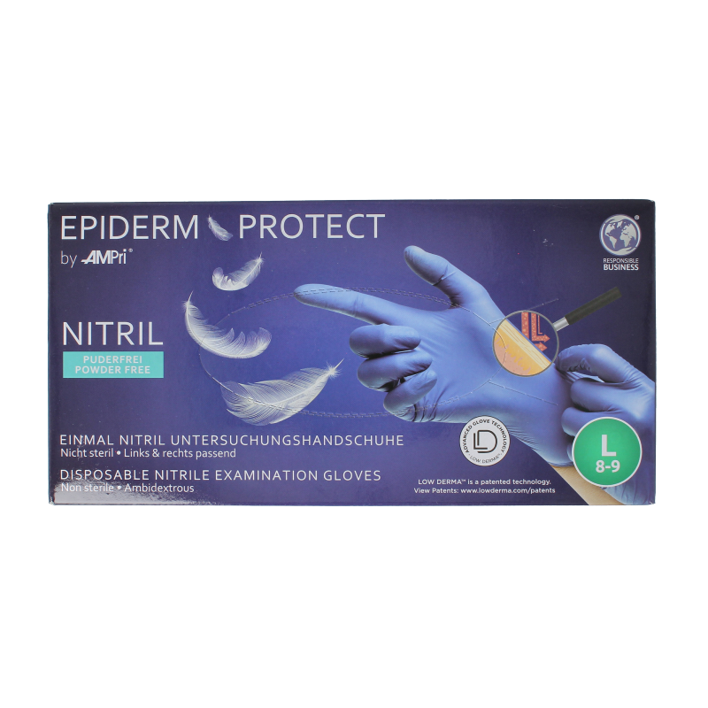 Blue Epiderm Protect Nitriel powder-free examination gloves, size L, shown in a box of 100 medical protective gloves.