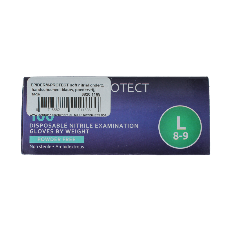 Blue Epiderm Protect Nitriel disposable examination gloves, powder-free, size L, shown in a box of 100 medical protective gloves.