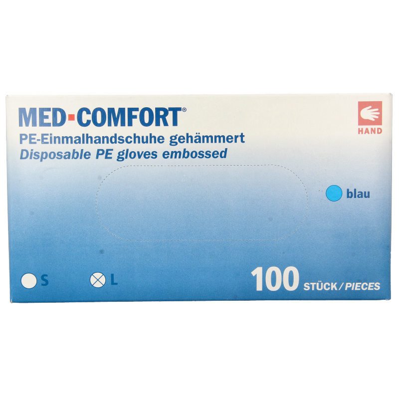 Blue Med Comfort PE medical gloves, textured, 100-pack, protective disposable gloves for healthcare and medical use.