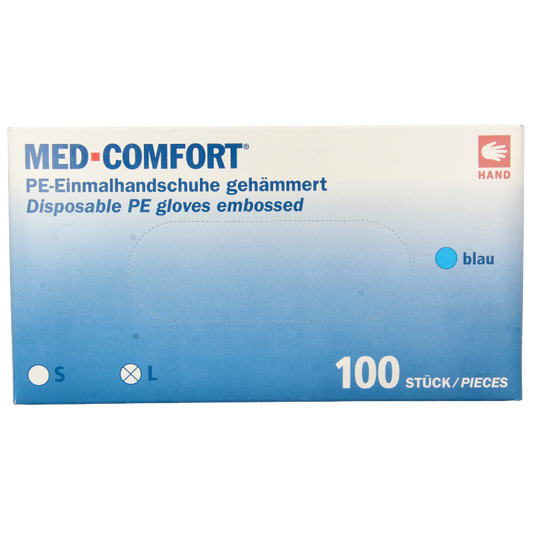 Blue Med Comfort PE medical gloves, textured, 100-pack, protective disposable gloves for healthcare and medical use.
