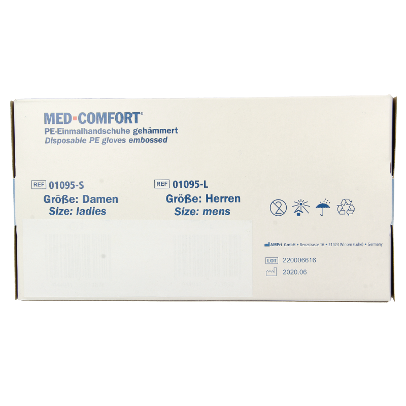 Blue PE medical gloves by Med Comfort, textured protective gloves shown in a box of 100 disposable gloves.