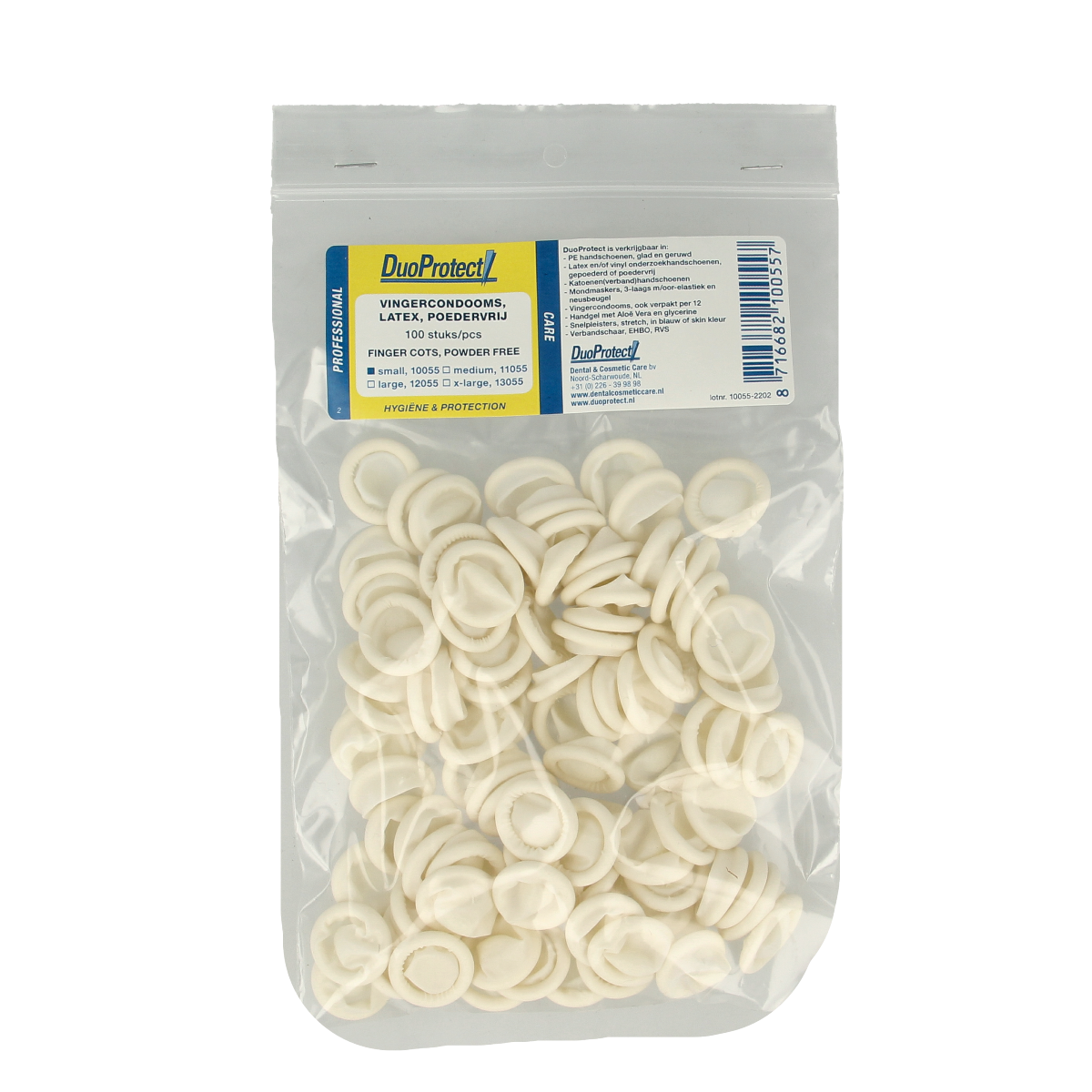 Box of 100 Duoprotect finger condoms in size S, medical gloves and protective clothing, with white finger condoms on the packaging.
