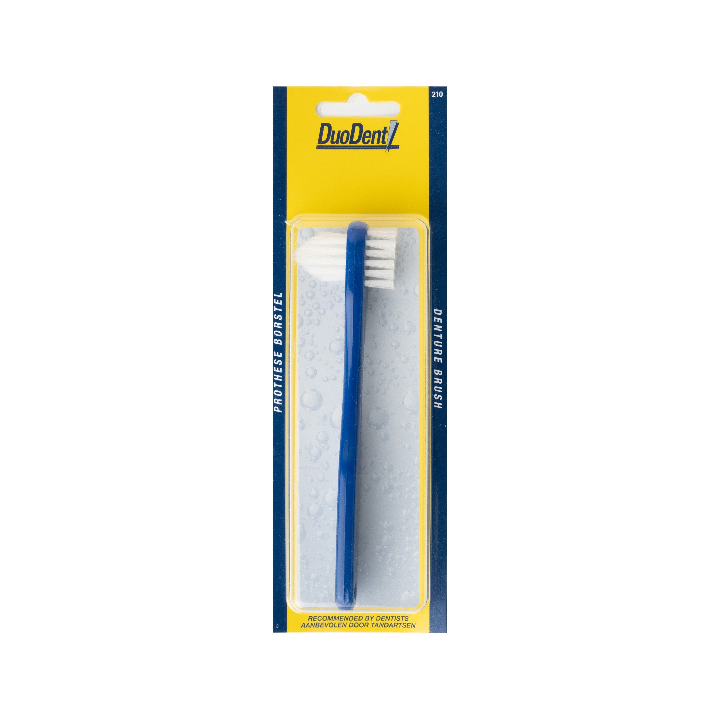 Duodent Prothese borstel for cleaning dentures, showing the brush with handle and bristles designed for prosthesis care.