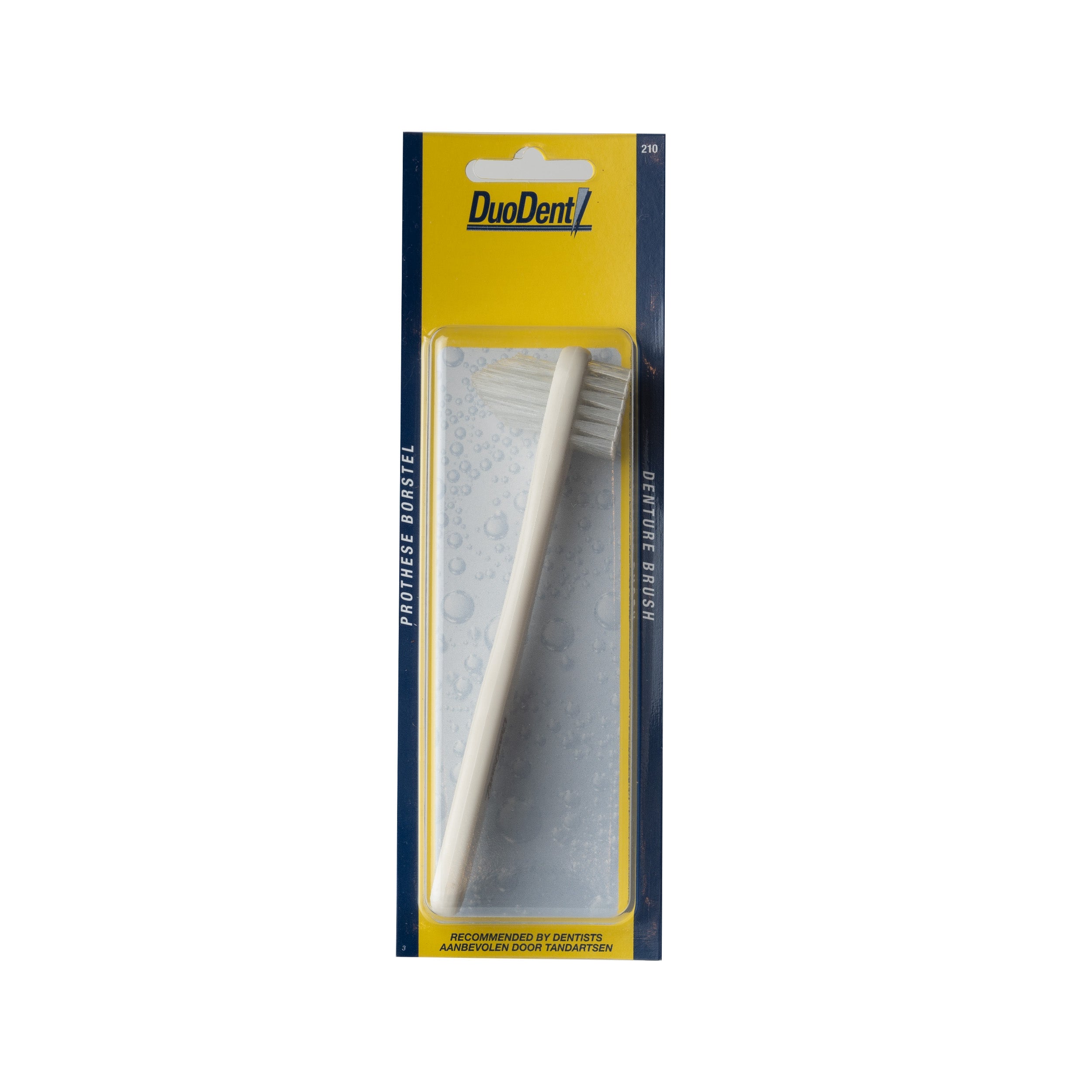 Duodent Prothese borstel for cleaning dentures, featuring soft bristles and ergonomic handle for effective oral hygiene.