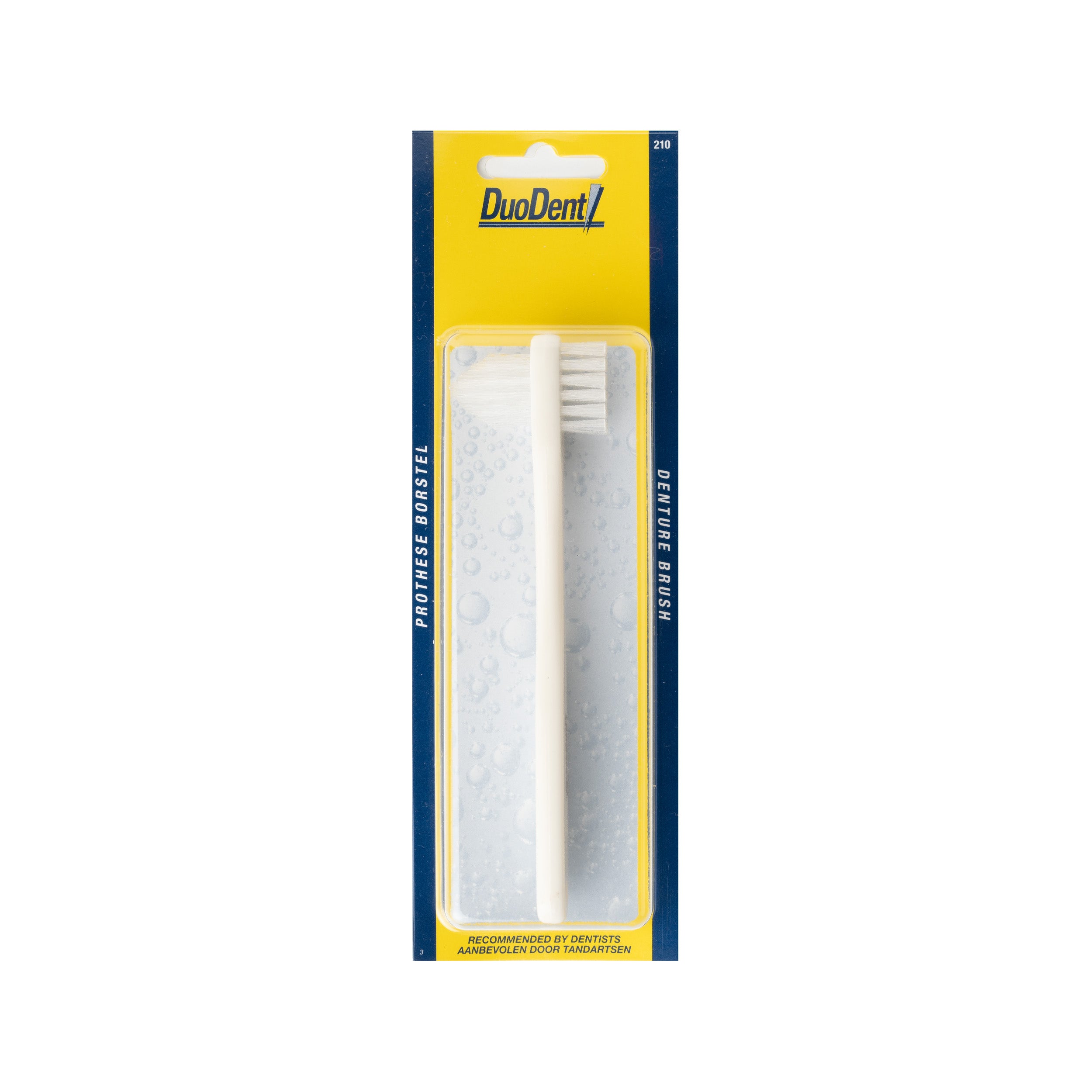 Duodent Prothese borstel for cleaning dentures, with a sturdy handle and bristles, designed for effective denture maintenance.