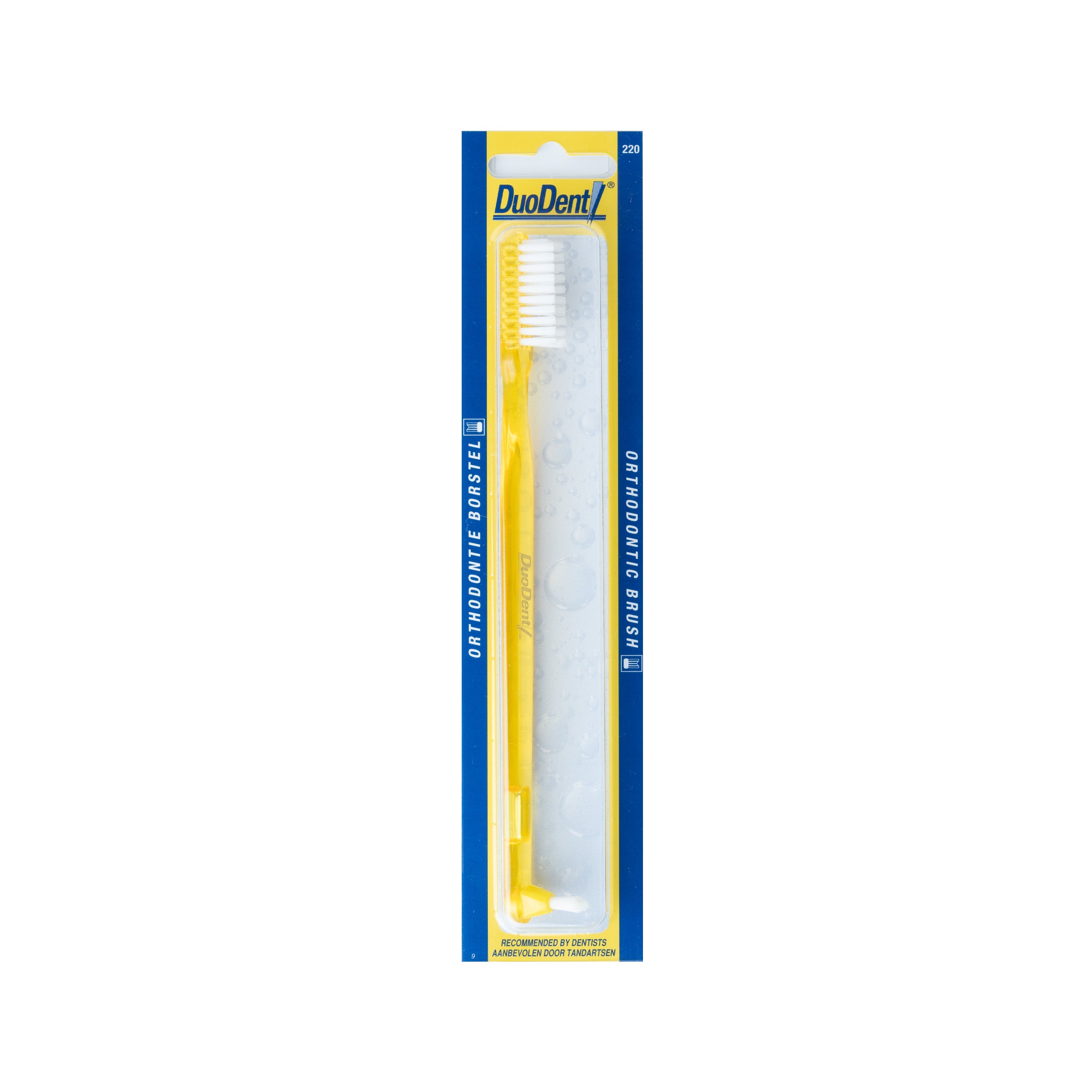 Duodent orthodontic toothbrush for prostheses, single brush, designed for effective cleaning of dental appliances and braces.
