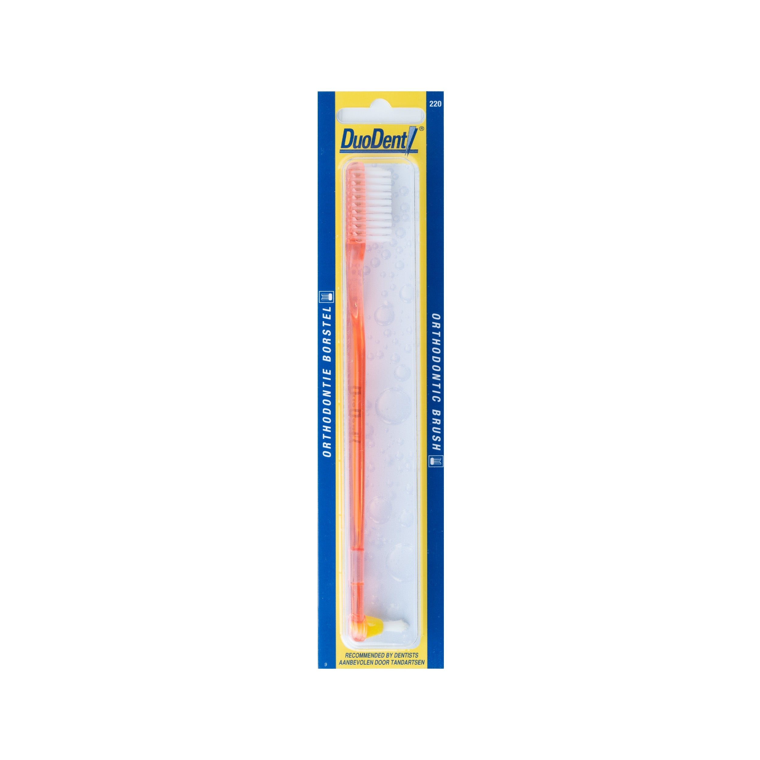 Duodent orthodontic toothbrush for prostheses, single brush with ergonomic handle designed for cleaning dental appliances.