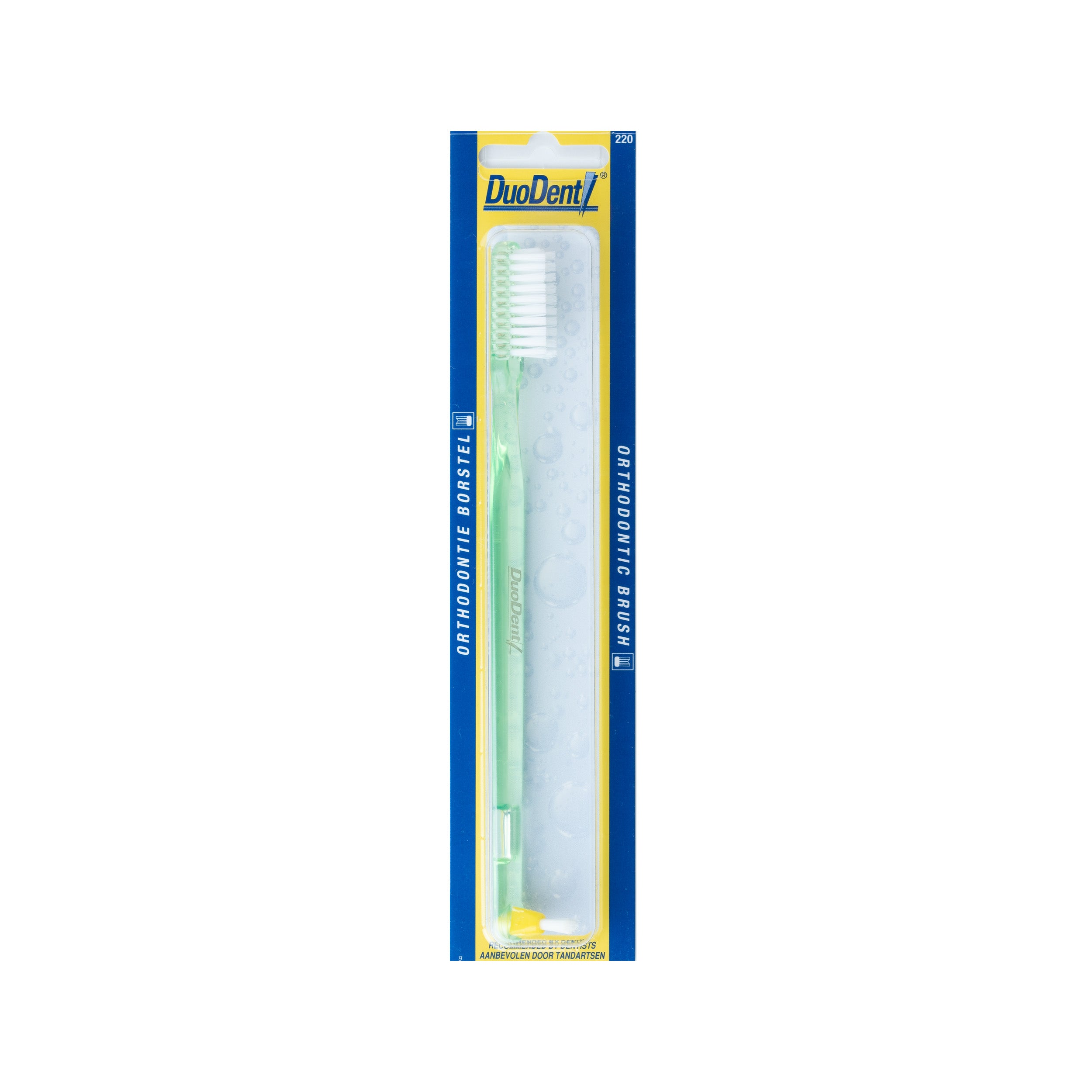 Duodent orthodontic toothbrush for prostheses, single brush with ergonomic handle, designed for dental appliance cleaning.