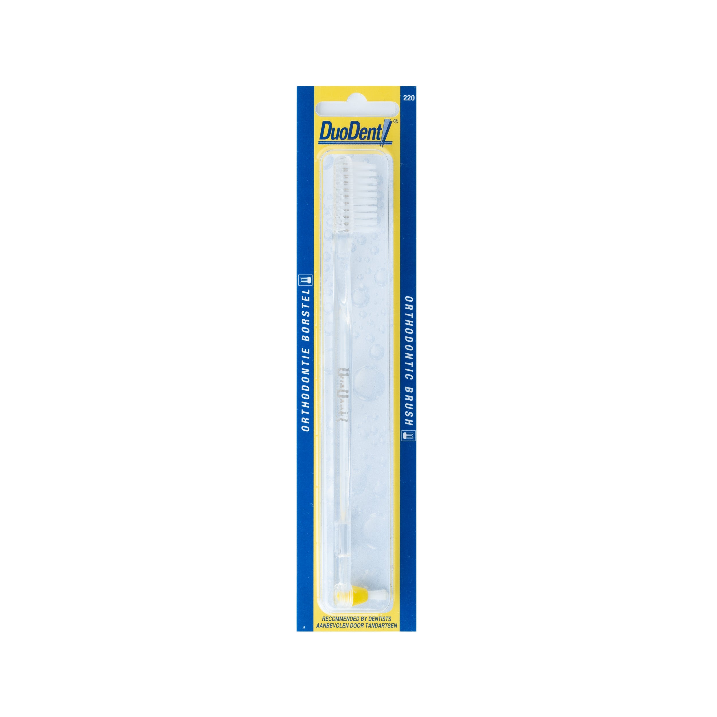Duodent orthodontic toothbrush for prostheses, single brush, designed for dental appliances, with soft bristles for gentle cleaning.