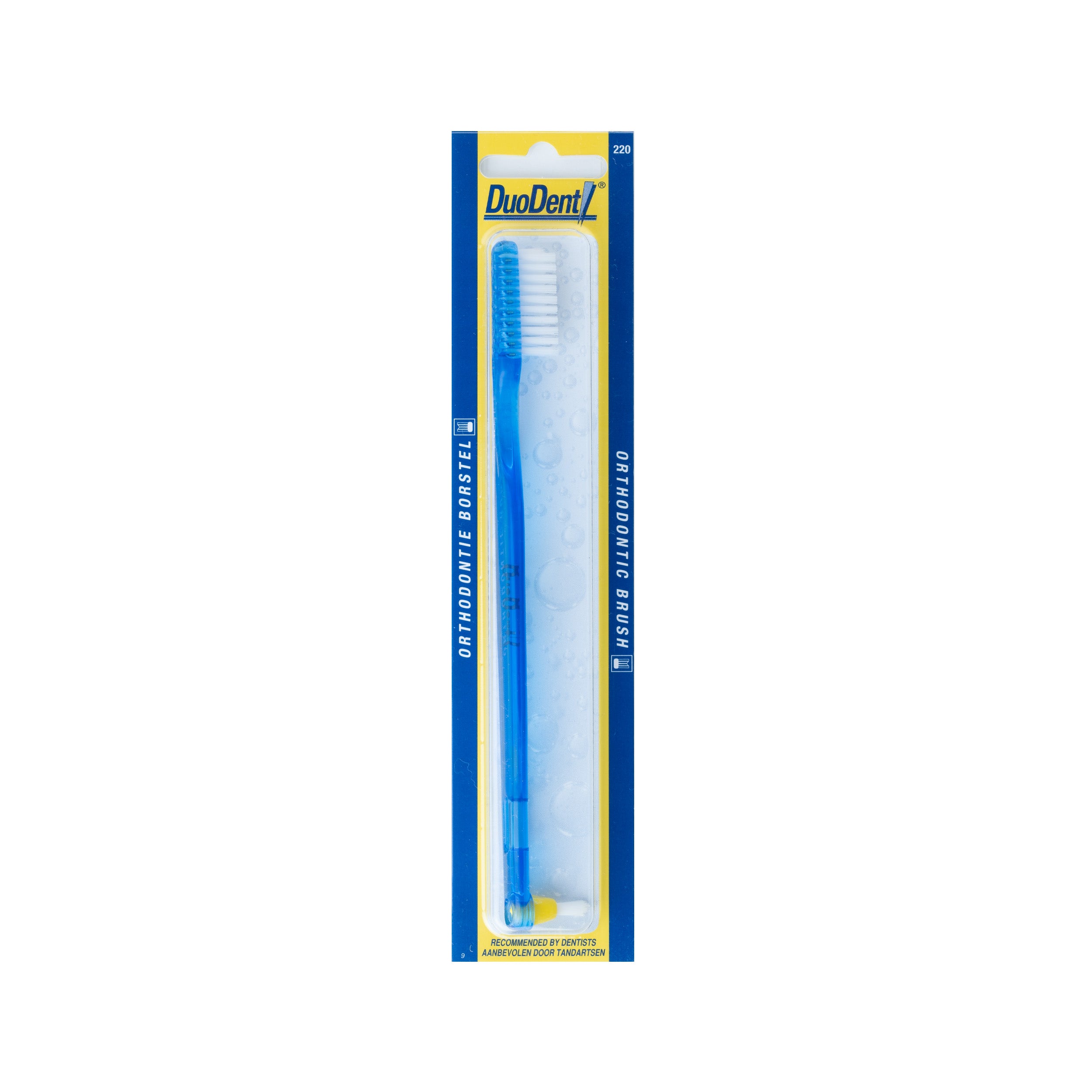 Duodent orthodontic toothbrush for prostheses, single brush, designed for effective cleaning of dental appliances.