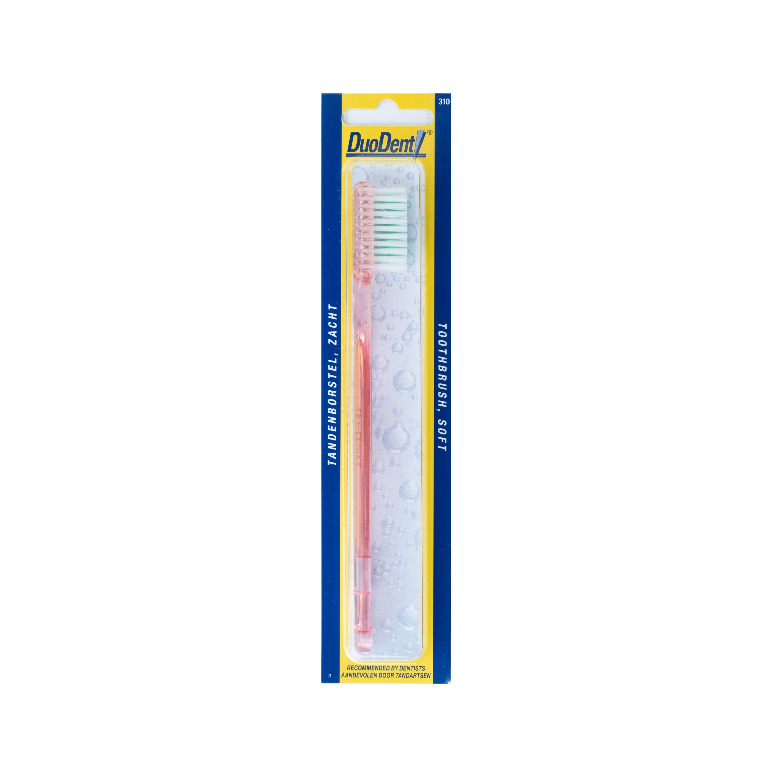 Soft Duodent toothbrush with white handle and blue bristles for gentle cleaning of teeth and gums.