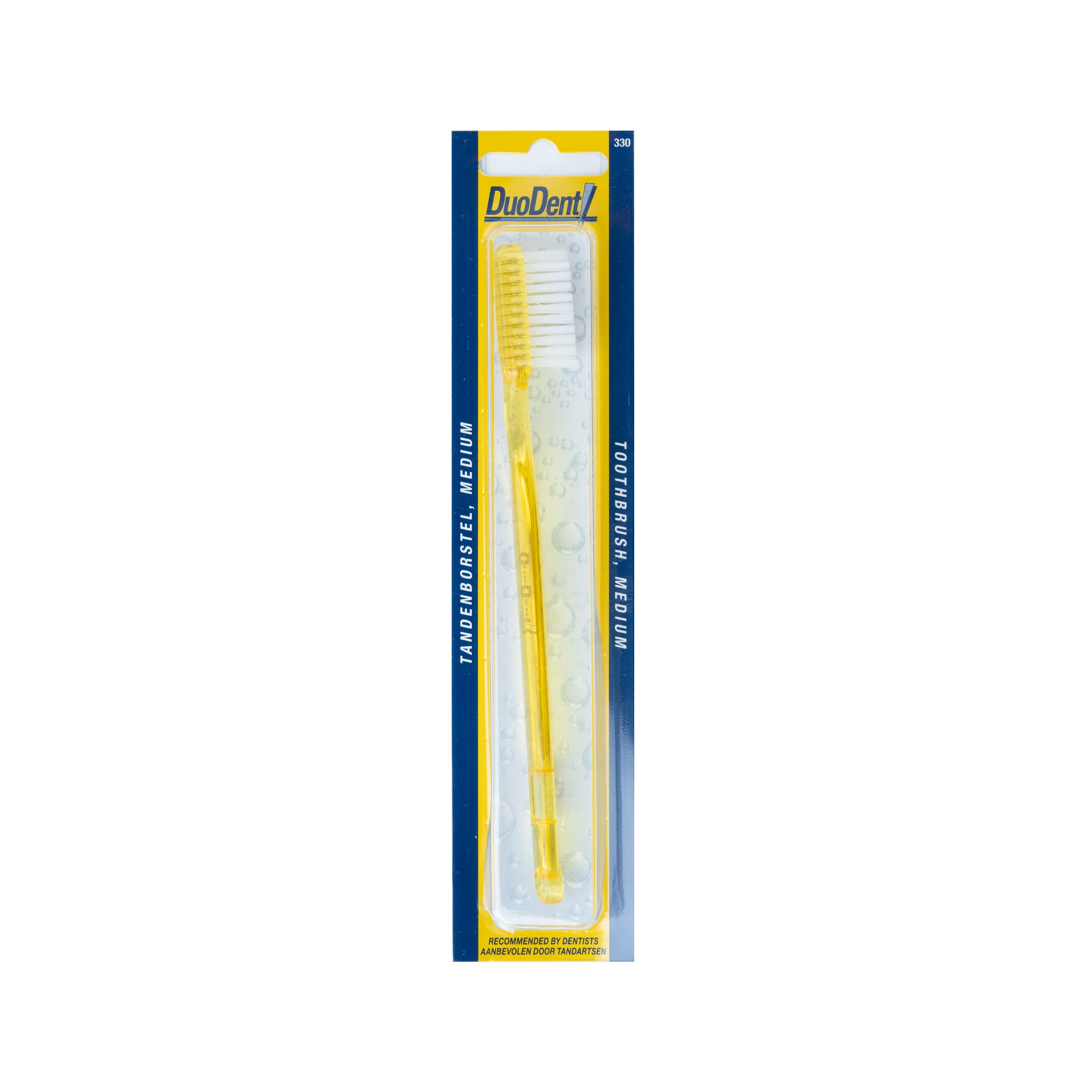 Medium Duodent toothbrush with white handle and bristles, designed for effective dental cleaning.