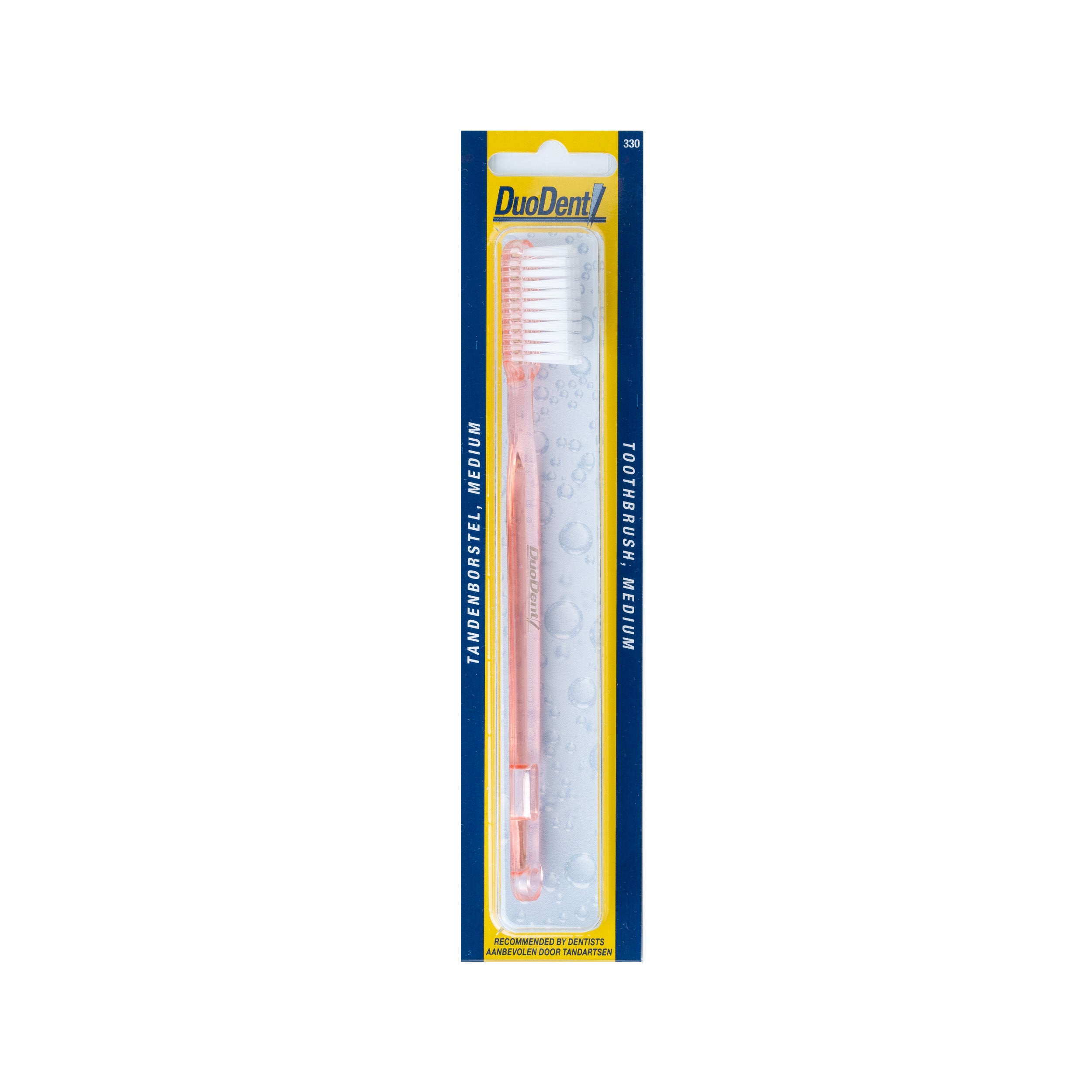 Medium Duodent toothbrush with white handle and bristles, designed for effective oral cleaning.