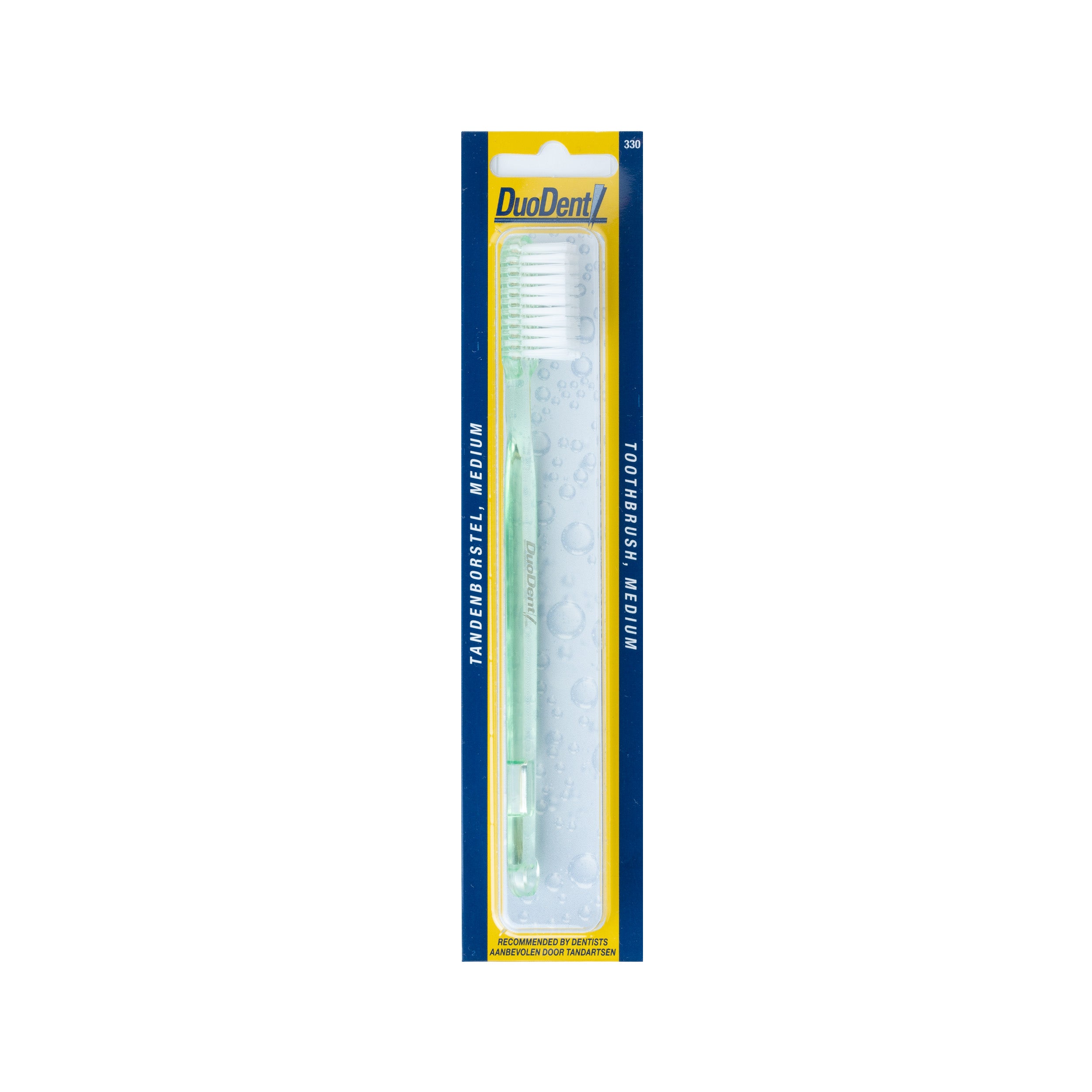 Medium Duodent toothbrush with soft bristles, featuring a white handle and ergonomic design for effective dental cleaning.